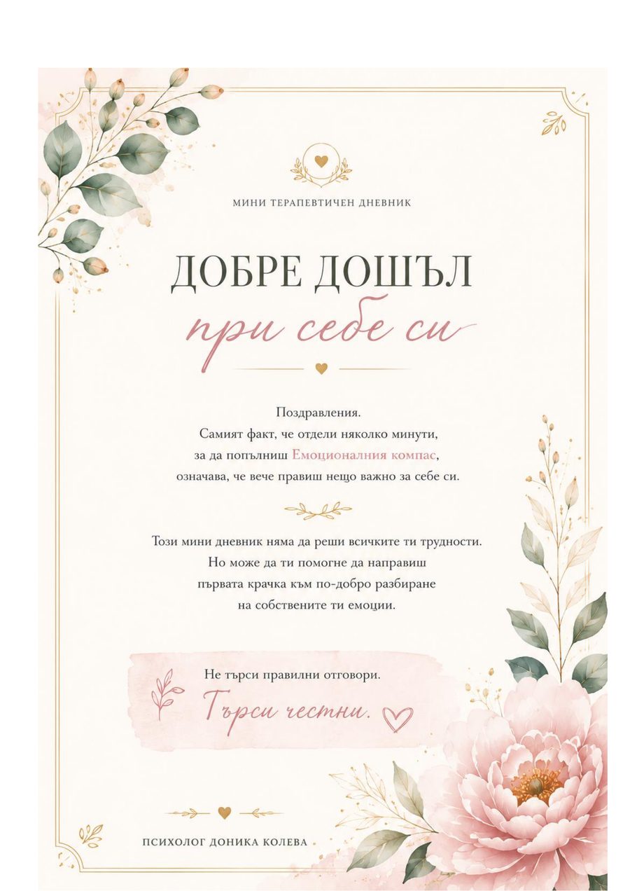 Корица на мини терапевтичния дневник, „Добре дошли при себе си“